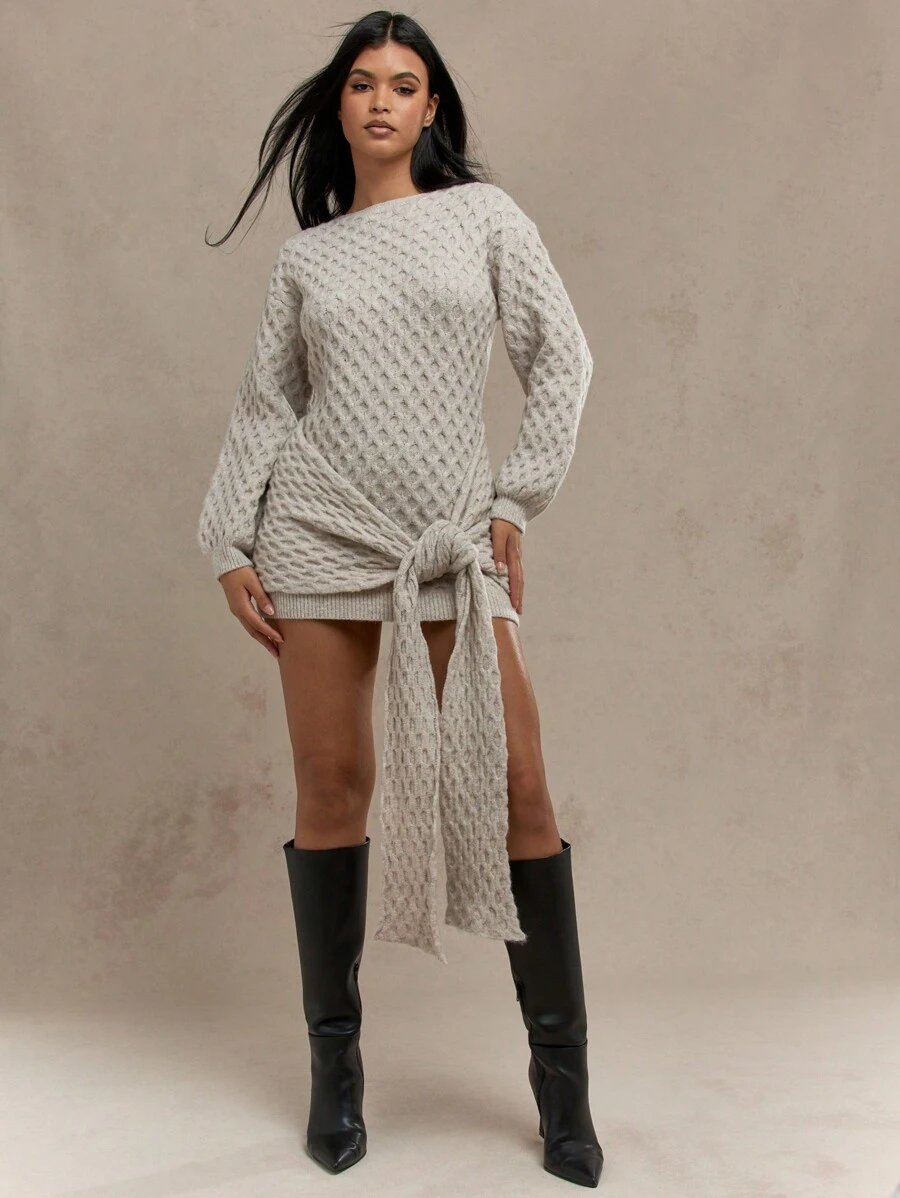 MISSGUIDED Winter Long Sleeve Knitted Sweater Dress Designer Statement Side Tie Mini Length Fashion Forward Fall Holiday Party Casual Elegant - White - View 1