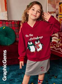 2pcs/Set Tween Girls Christmas Penguin Hoodie Sweatshirt And Letter Print Skirt, Christmas Outfit