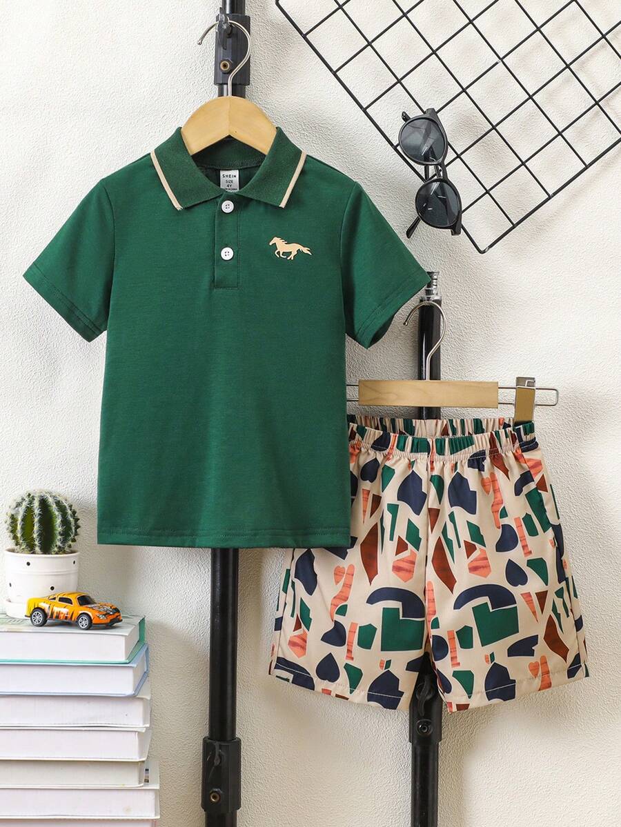 SHEIN 2 件套橙色 Polo 衫，带 3D 马匹印花和格子短裤，适合男孩，夏季休闲装 - 軍綠色 - 查看 1