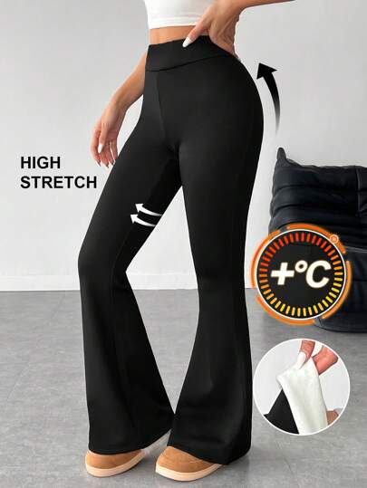 SHEIN PETITE Pantalones acampanados de yoga para mujer de cintura alta, pantalones de estiramiento con control de abdomen, pantalones térmicos forrados para entrenamiento