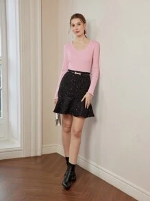 女士 V 领长袖珍珠装饰优雅毛衣，秋冬 - 粉色 - 查看 4