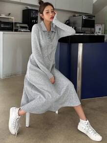 DAZY Robe décontractée à manches longues et à nouer de couleur unie pour femmes, robe de vêtements d'automne - Gris - Voir 4