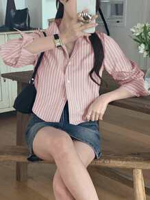 DAZY Women Striped Fitted Cropped Long Sleeve Blouse, Pink, Spring/Autumn,Fall Women Clothes - Pink - View 5