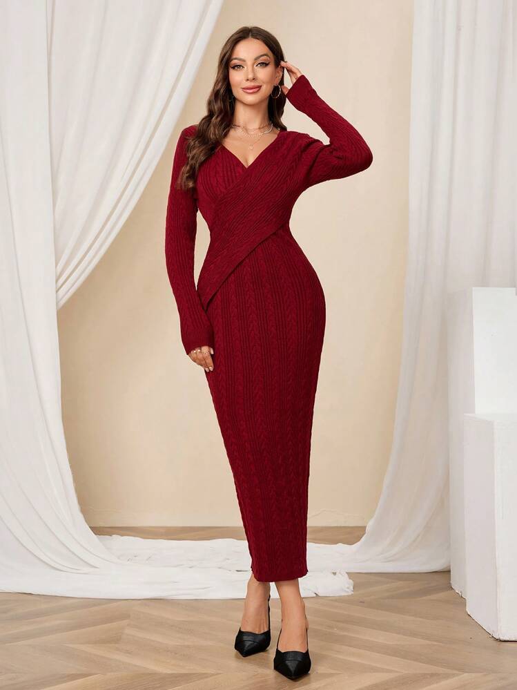 burgundy sweater dress Ribbed Knit Short Sleeve (multiple colors) calf length Red Off-Shoulder Puff Sleeve Sweater