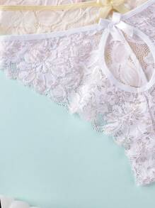 3 piezas/paquete Bragas tipo tanga para mujer con decoración de lazo y diseño calado