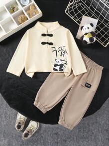 SHEIN 男宝宝传统中式绅士四件套，复古优雅 | 熊猫竹子数码印花衬衫，松紧袖口裤，适合外出休闲穿着 - 白色 - 查看 3