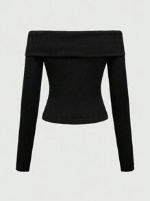 ROMWE 休闲简约百搭露肩翻领拉链针织开衫 - 黑色 - 查看 2