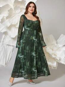 Modelyn Große Größenkleid im Batikoptik-Herz Ausschnitt Französischer Stil Elegant Langarm für Damen, elegantes A-Linien Kleid für Abendparty/Hochzeitsgast/Jahrestags Maxi Damen Outfit Lange Abendkleider