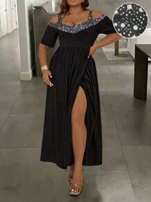 SHEIN Clasi 大尺碼女士閃爍鑽石裝飾細肩帶短袖連衣裙 - 黑色 - 查看 4