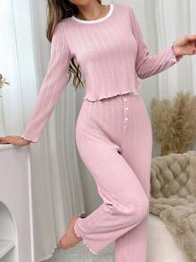 2pcs Contrast Color Casual Autumn Women's Loungewear Set - Burgundy - View 3