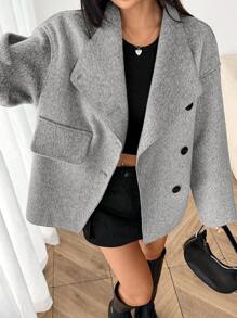 SHEIN EZwear Áo khoác ngoài màu xám dáng rộng cho nữ, áo khoác ngoài trễ vai, quần áo thu đông cho nữ - Xám - Xem 3