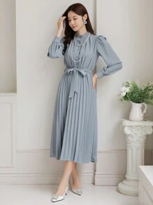 DAZY Solid Color Mid-Length Dress With Pleated Waistband For Women,Fall Clothes Long Sleeve Dress - Blue - View 7