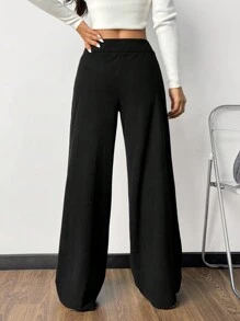 SHEIN EZwear 黑色针织女宽腿宽松休闲裤 - 黑色 - 查看 2