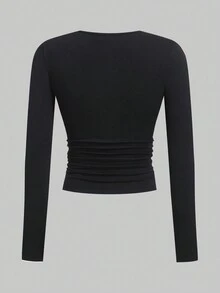 SHEIN EZwear 两件套女士休闲圆领修身长袖T恤套装，适合秋冬季节穿着，腰部褶皱设计 - 彩色 - 查看 6