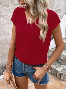 SHEIN LUNE 休闲 V 领蝙蝠袖 T 恤，夏季 - 紅色 - 查看 5