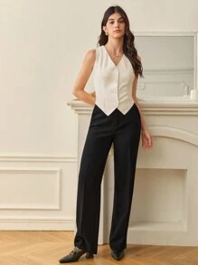 SHEIN Tall 秋冬女式V领单扣无袖西装外套 - 杏色 - 查看 3