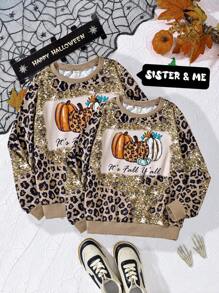 Tween Girl Leopard Print & Glitter Pumpkin Christmas Graphic Pullover Sweatshirt, Autumn/Winter, For Halloween Party