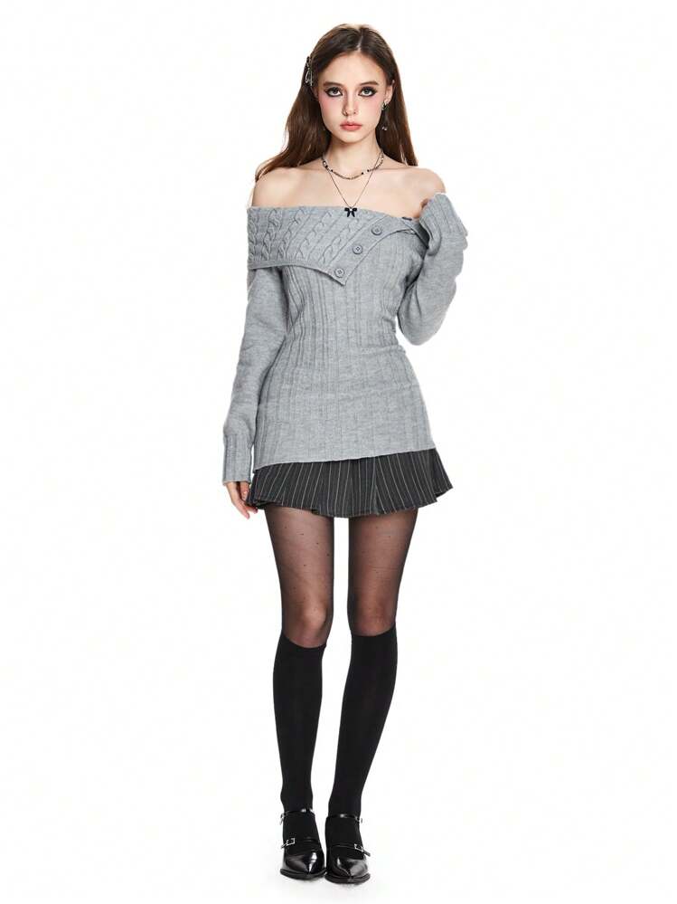 ROMWE Y2K スタイル レディース オフショルダー リブ編み クロップドセーター 長袖トップス - グレー - 見る 3
