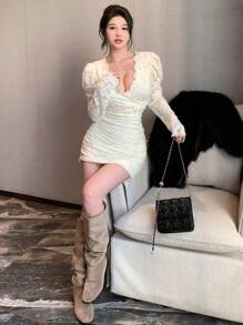 DAZY Women's Solid Color Lace Ruffle Bodycon Dress,Fall Clothes Long Sleeve Dress