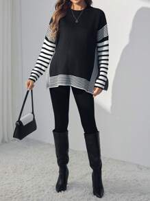 SHEIN Maternity Knit Sweater - Striped & Solid Pullover Knitwear For Pregnant Women, Autumn & Winter