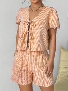 Chiquease 2 件套女士夏季格子系带泡泡袖衬衫和短裤休闲宽松套装 - 橘色 - 查看 5