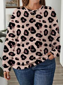 SHEIN LUNE 大码女式休闲豹纹长袖宽松套头运动衫，秋冬 - 黑色 - 查看 3