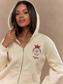 MISSGUIDED Áo hoodie có khóa kéo toàn bộ của Lifestyle Club thêu logo cổ điển thể thao Varsity thể thao thường ngày dạo phố cao cấp đồ mặc nhà thu đông đồ thể thao giải trí đồ mặc nhà - Màu be - Xem 4