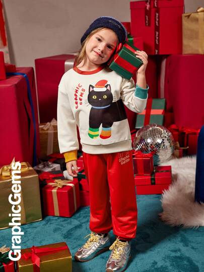 Set de 2 piezas con sudadera y pantalones estampado de gato para niña con calcetines coloridos