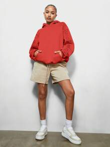 SUMWON WOMEN Cozy Athleisure Hoodie Oversized Script Logo Sleeve Sweatshirt Winter Sports Athletic Workout Loungewear - Red - View 4