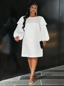 Slaydiva Vestido Midi de Cetim Branco Solto de Manga Lanterna Elegante e Apropriado para Festas, Encontros e Reuniões, Para Mulheres Plus Size, Primavera Outono - Branco - Visão 7