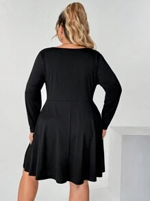 SHEIN CURVE+ Plus Size Women Dark Punk Style Lace-Up Crew Neck Long Sleeve Dress, Winter Fall Clothes Halloween - Black - View 7