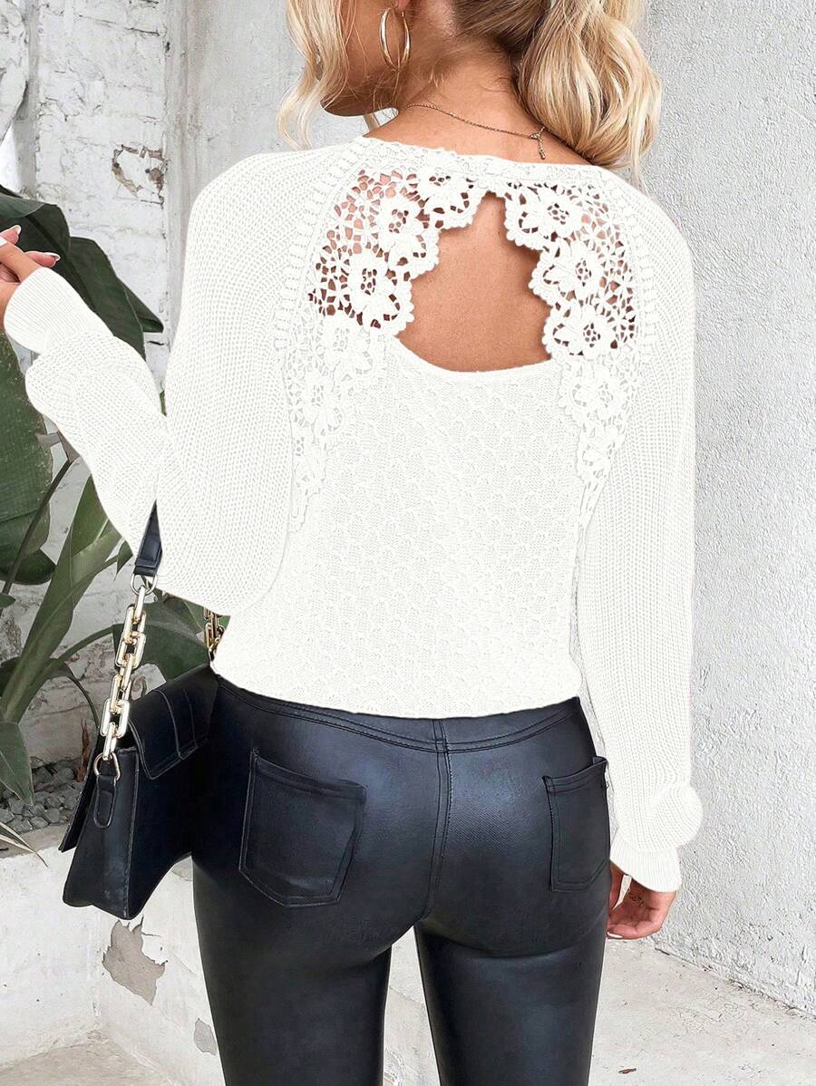 SHEIN LUNE 女士撞色蕾丝V领长袖优雅毛衣，秋冬针织套头衫 - 白色 - 查看 1