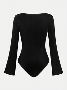 SHEIN Teen Girls' Autumn/Winter All-Match Versatile Flared Sleeves Ruched Waist Velvet Jumpsuit - Black - View 2