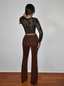 SHEIN ICON Quần ống loe thường ngày viền ren ôm vừa vặn dành cho nữ - màu nâu - Xem 3