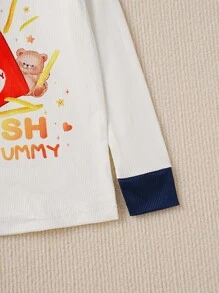 2pcs Young Boy Casual White Fries Bear Print Snug Fit Long Sleeve Top And Pants Loungewear Set - White - View 7