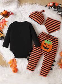 SHEIN Bộ 4 món đồ liền thân hình quỷ đáng yêu cho bé trai, quần sọc cam thêu hình quả bí ngô, mũ và yếm cho bé từ 0-18 tháng tuổi, mùa thu/đông, dành cho tiệc Halloween - Nhiều màu - Xem 2
