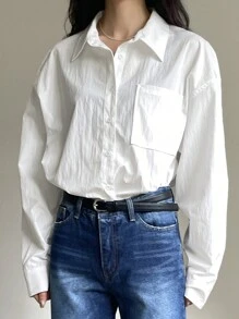DAZY Áo sơ mi công sở tay dài màu trơn rộng rãi thoải mái cho nữ - trắng - Xem 8