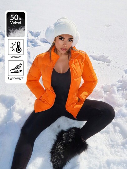 SHEIN SXY Women's Solid Color Zip-Up Collar Casual Down& Feathers Jacket, Winter