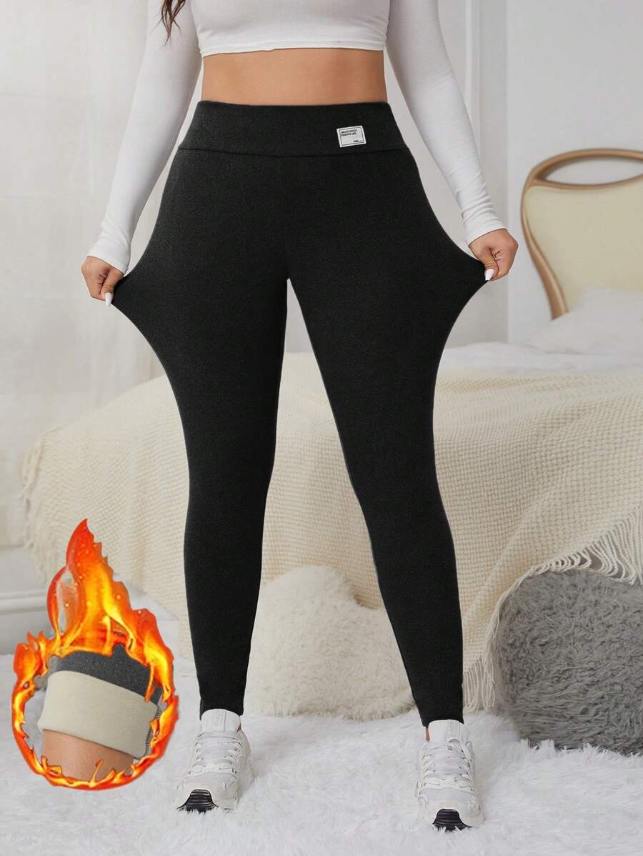 SHEIN EZwear Quần legging co giãn lót nhiệt dày dặn mùa đông cỡ lớn cho nữ có cạp rộng và chữ vá nhiệt - màu đen - Xem 1