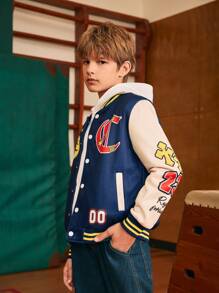 SHEIN Explorewe Tween Boy Contrast Color Letter & Smiling Face Graphic Baseball Jacket - Multicolor - View 7