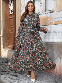 SHEIN Clasi Vestido largo de manga larga con estampado floral diminuto y cintura ceñida, talla grande, para mujeres, atuendo para maestras