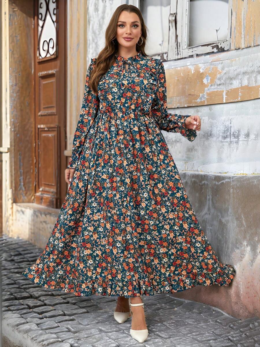 SHEIN Clasi Vestido largo de manga larga con estampado floral diminuto y cintura ceñida, talla grande, para mujeres, atuendo para maestras