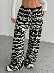 SHEIN Unity Women's Zebra Stripe Casual Lace Up Low Waist Pants Fall Cloth For Women - Multicolor - View 3
