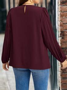 SHEIN LUNE Plus Size Women's Spring Summer Plain Round Neck Pleated Lantern Sleeve Elegant Blouse