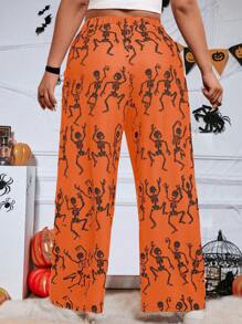 SHEIN LUNE Plus Size Women Halloween Skull Printed Elastic Waist Loose Wide Leg Casual Pants Fall Cloth For Women