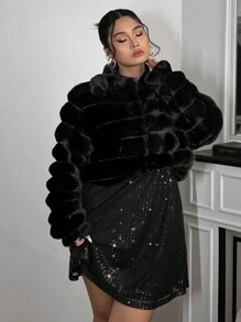 SHEIN EZwear 大码女式仿毛领开襟长袖黑色外套，带衬里，适合搭配返校礼服和派对服装 - 黑色 - 查看 6