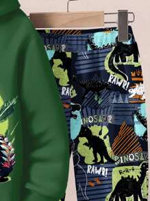 SHEIN 2 件恐龙印花和男孩图案宽松休闲套头连帽衫运动衫套装，适合秋冬季 - 彩色 - 查看 5