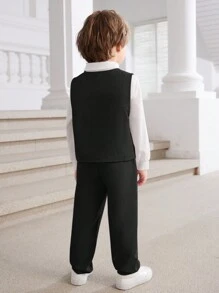 Bộ 3 món thời trang giản dị, thiết thực, thoáng khí, áo sơ mi dài tay, quần vest và vest cho bé trai, thích hợp mặc hàng ngày, đi học, đi chơi, thể thao, mùa xuân và mùa hè - màu đen - Xem 2