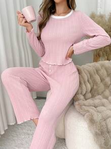 2pcs Contrast Color Casual Autumn Women's Loungewear Set - Burgundy - View 4