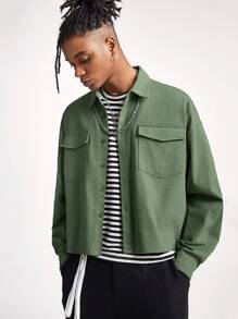 Manfinity VCAY Men's Loose Woven Long Sleeve Shacket, For Fall Winter - Green - View 3